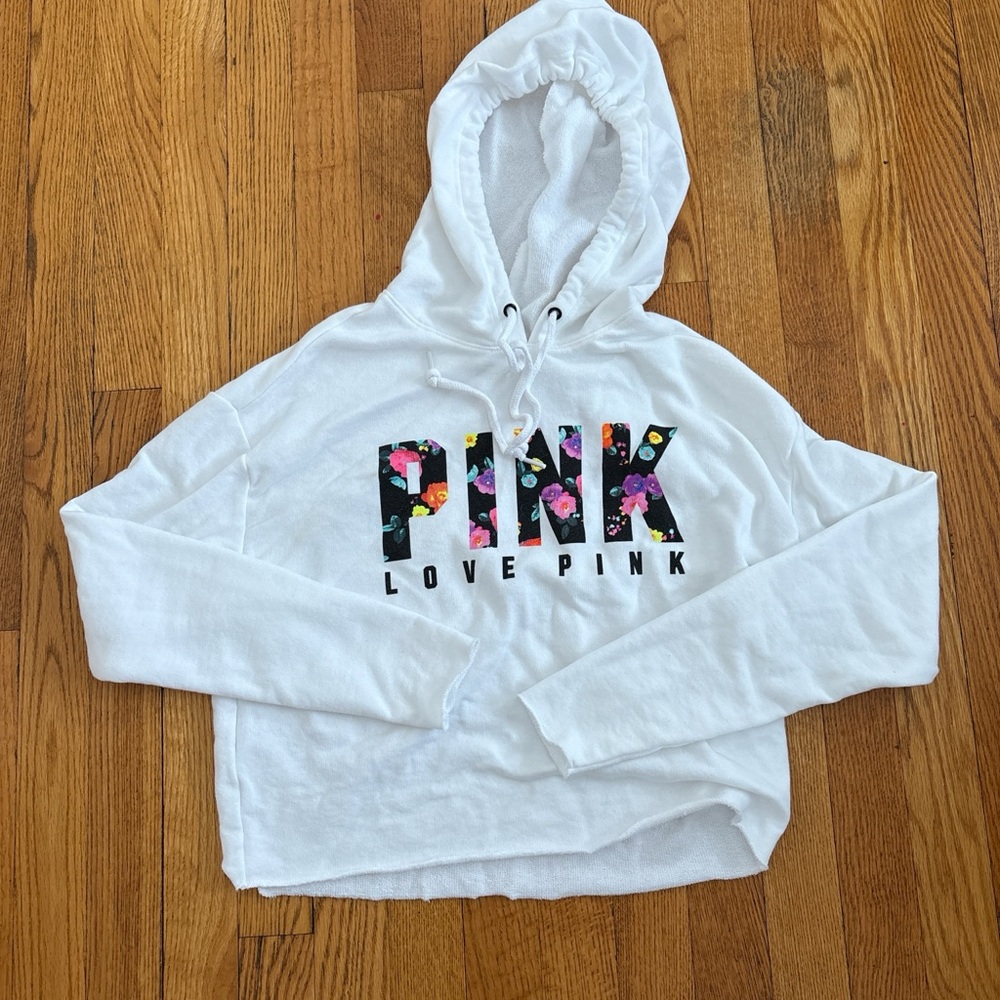 PINK Victoria's Secret White Cropped Floral Slit Back Hoodie